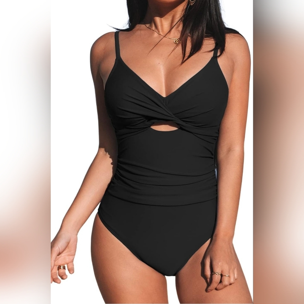 Large One Piece Swimsuit for Women Twist Front Cutout Ruched Black